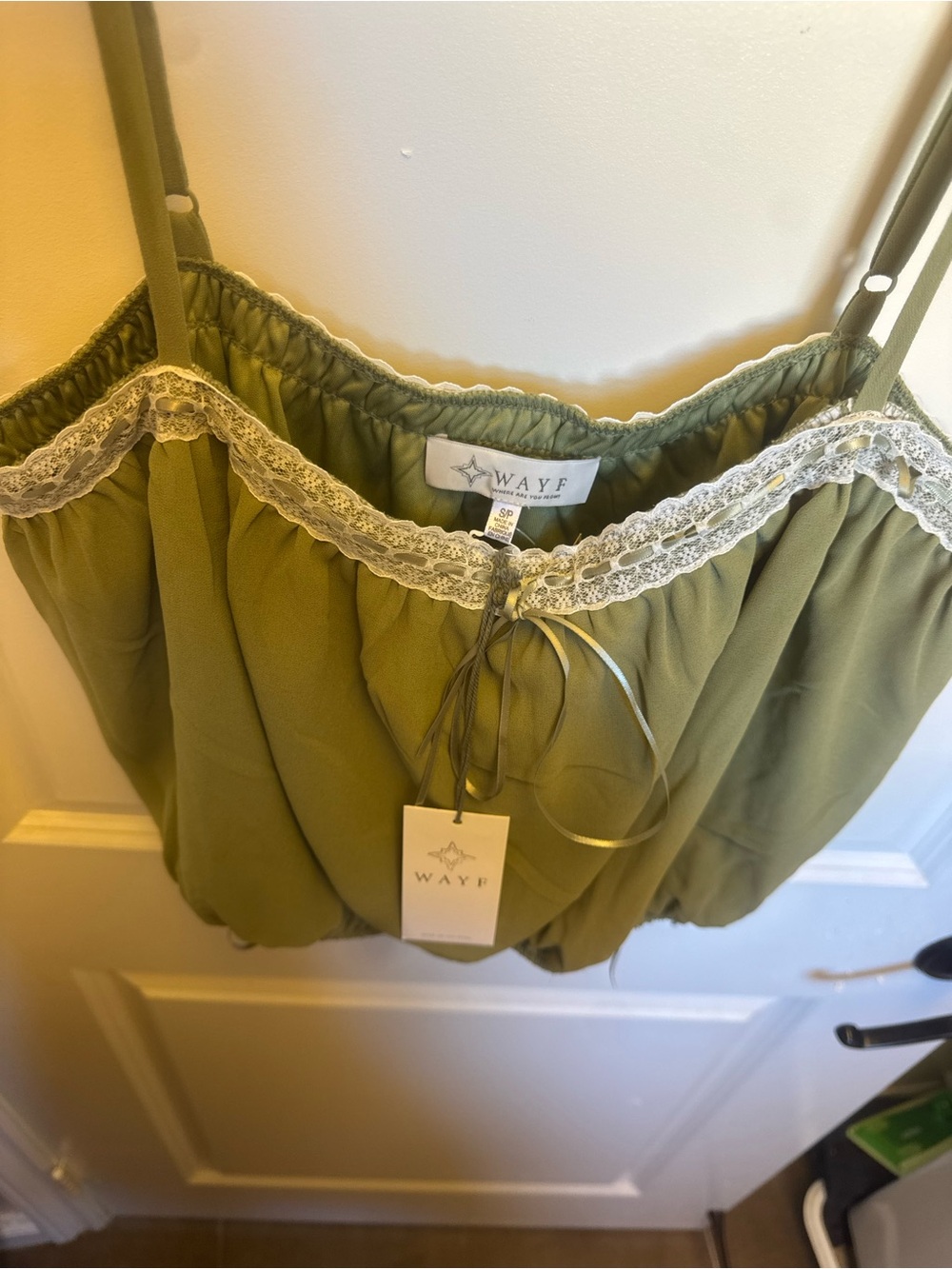 Wayf Olive Lace-Trim Slip Cami with Front Tie